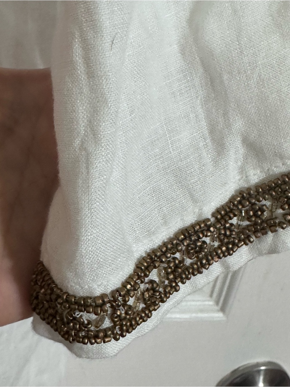 Chico’s White Linen Tunic Top Blouse M Beaded Embellished 3/4 Sleeve Boho - Picture 6 of 12